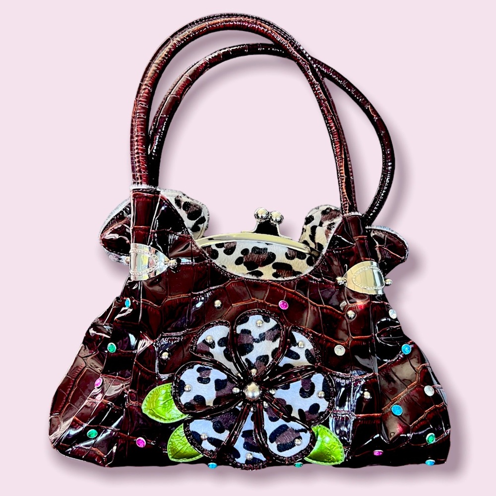 Brown Faux Croc Purse w/furry animal print trim, kiss lock, gems EUC